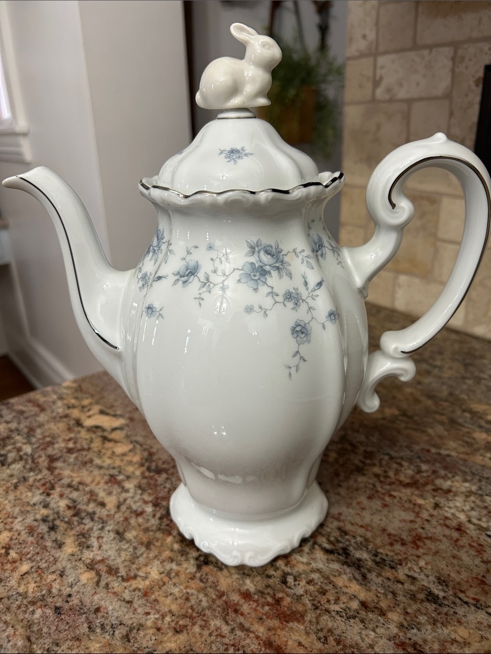 Johann Haviland Blue Garland Porcelain Floral Teapot with Bunny Finial